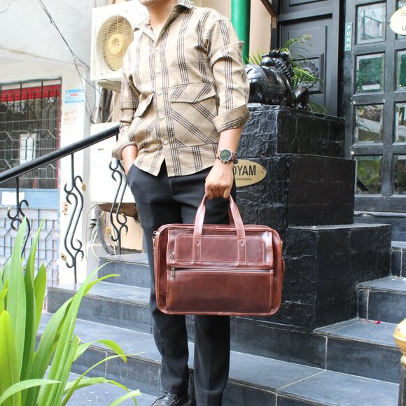 Genuine Leather Laptop Bag, Satchel Bag, Brown - Picture 15 of 16